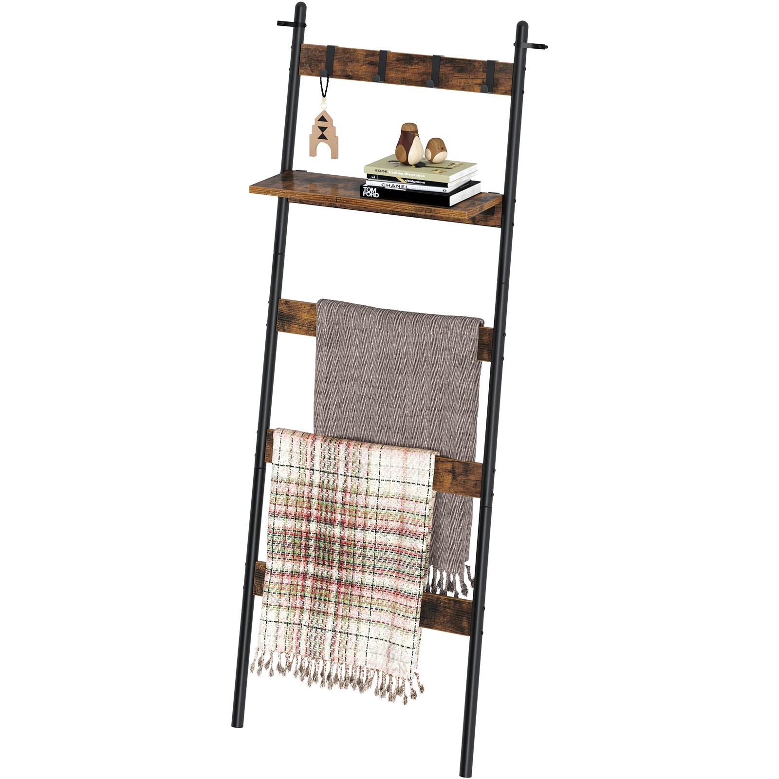 5-Tier Farmhouse Wall Mounted Ladder Quilt Rack with Shelf Rapid