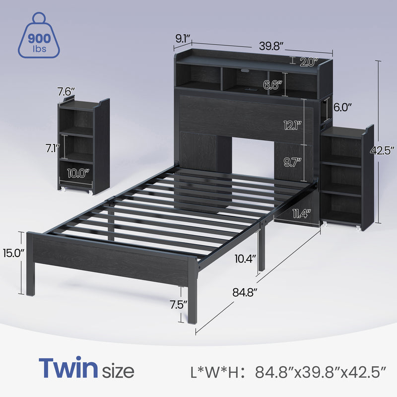 Bed Frame with Headboard & 2 Hidden Storage Cabinets, Bed with Charging Station & RGB LED Lights