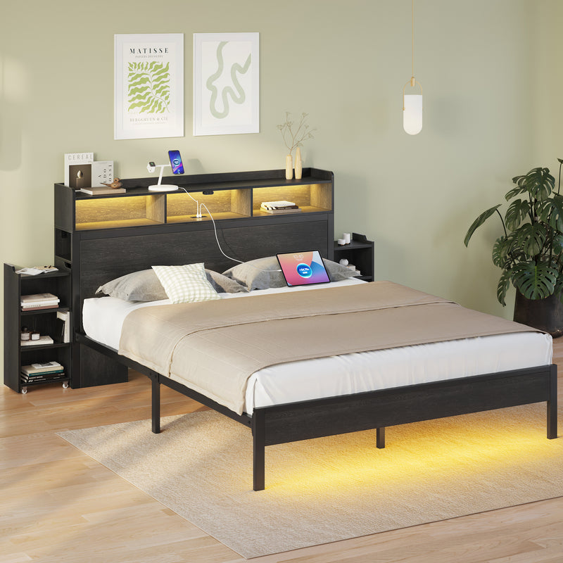 Bed Frame with Headboard & 2 Hidden Storage Cabinets, Bed with Charging Station & RGB LED Lights