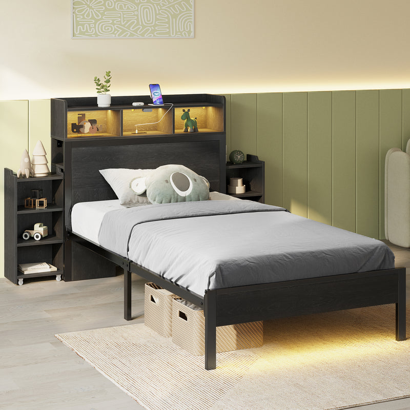 Bed Frame with Headboard & 2 Hidden Storage Cabinets, Bed with Charging Station & RGB LED Lights