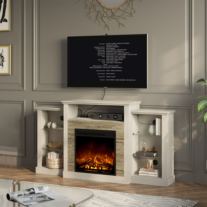 Rolanstar Fireplace TV Stand with LED Lights and Power Outlets, TV Console for 32" 43" 50" 55" 65", Entertainment Center with Adjustable Glass Shelves, Ivory White