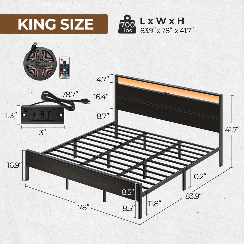 Rolanstar Metal Platform Bed Frame with Charging Station LED Lights Headboard