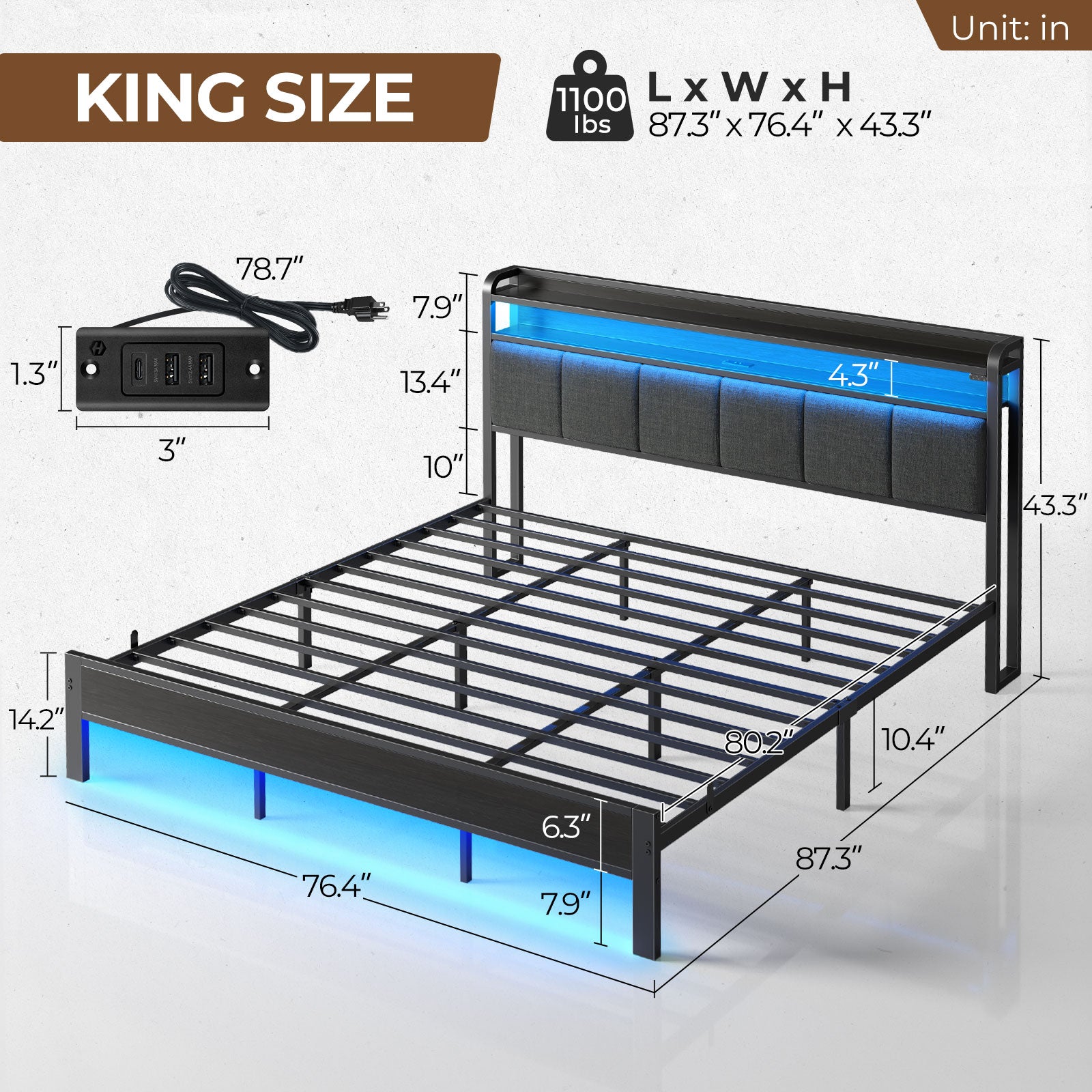 Rolanstar Bed Frame with Charging Station and LED Lights, Upholstered