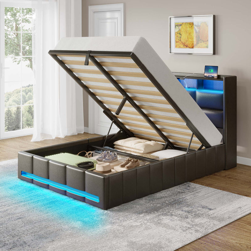 Rolanstar Bed Frame Twin Size with Lift Up Storage, Charging Station & LED Lights, Upholstered Storage Headboard, Heavy Duty Wooden Slats, No Box Spring Needed, Noise Free, Easy Assembly, Black