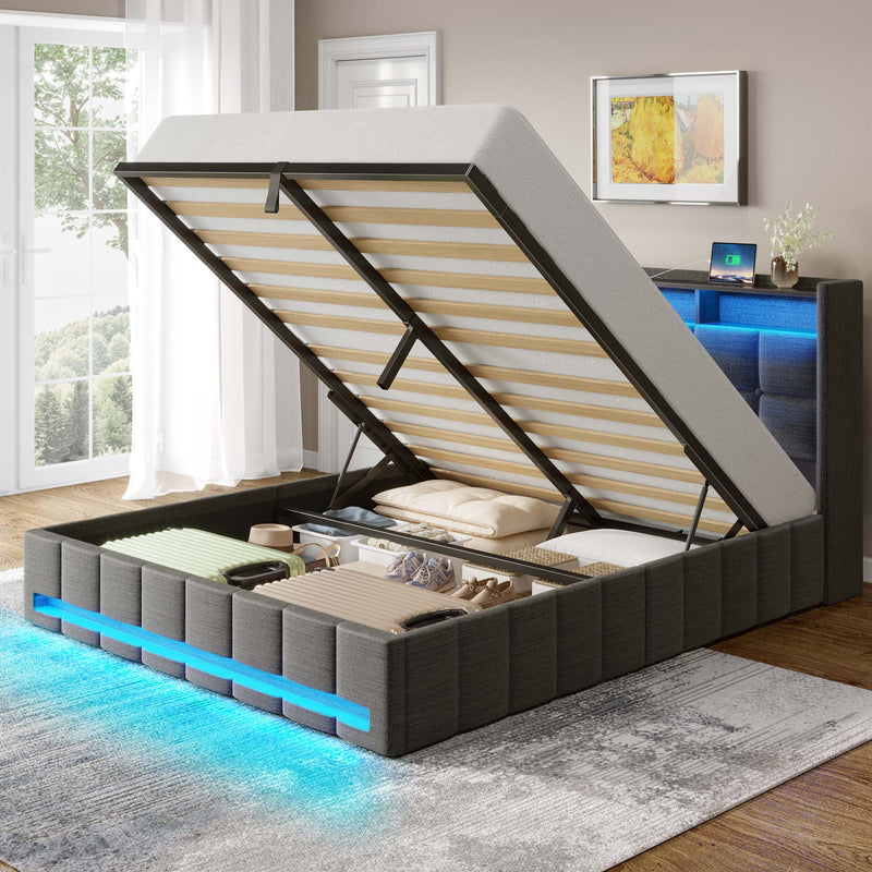 Rolanstar Bed Frame Queen Size with Lift Up Storage, Charging Station & LED Lights, Upholstered Storage Headboard, Heavy Duty Wooden Slats, No Box Spring Needed, Noise Free, Easy Assembly, Dark Grey