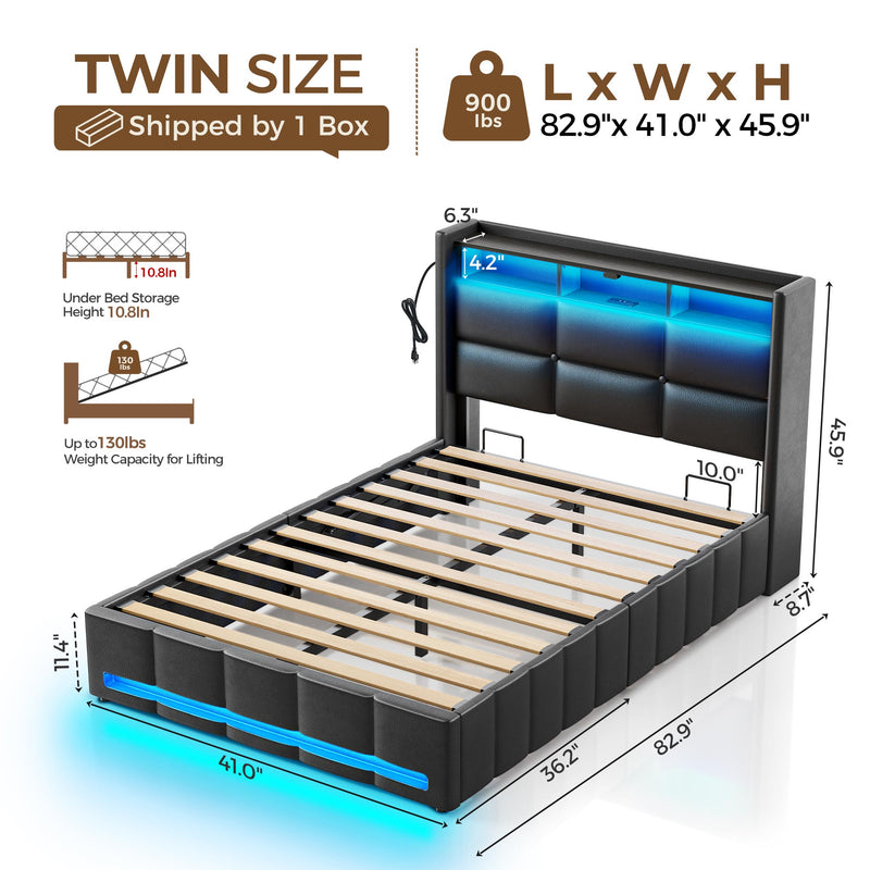 Rolanstar Bed Frame Twin Size with Lift Up Storage, Charging Station & LED Lights, Upholstered Storage Headboard, Heavy Duty Wooden Slats, No Box Spring Needed, Noise Free, Easy Assembly, Black