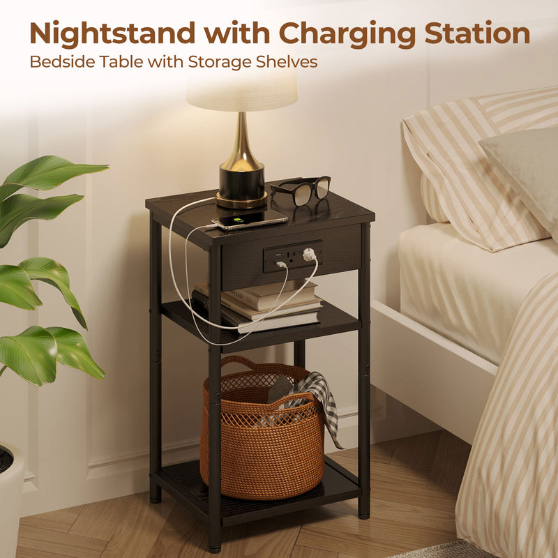 Rolanstar End Table with Charging Station, Night Stand with 3 Storage Shelves, Small Side Table for Small Space, Narrow Bedside Table for Living Room, Bedroom, 2 USB Ports, Black