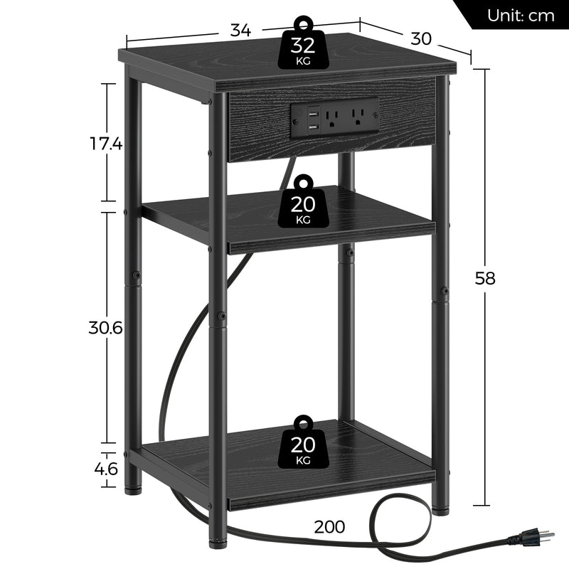 Rolanstar End Table with Charging Station, Night Stand with 3 Storage Shelves, Small Side Table for Small Space, Narrow Bedside Table for Living Room, Bedroom, 2 USB Ports, Black