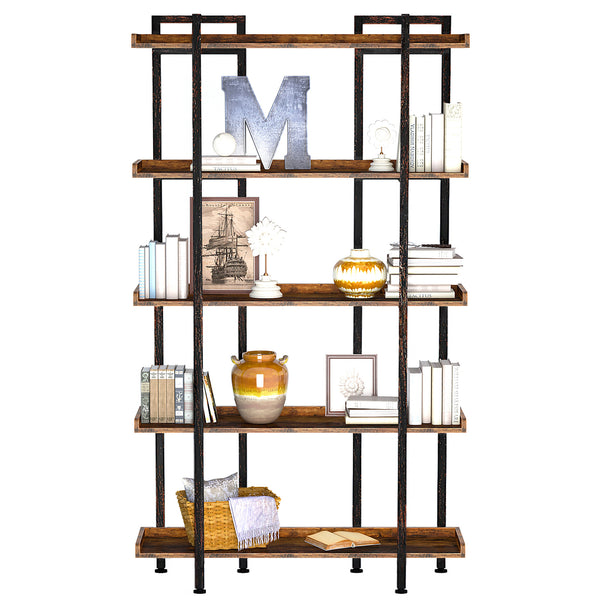 Fabulaxe Industrial 5 Shelf Wood and Metal Etagere Rustic Bookcase Free  Standing Bookshelf