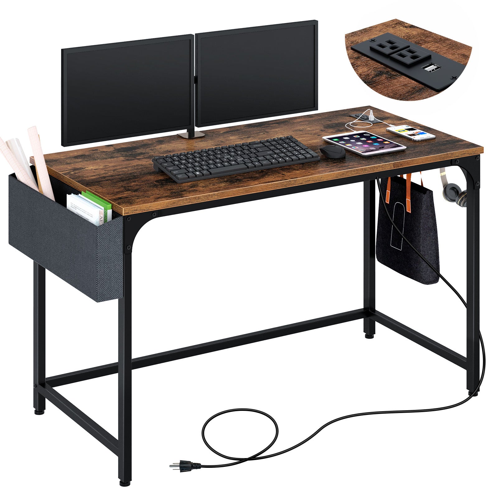 Rolanstar Computer Desk with Power Outlet, Side Storage Bag and Iron H