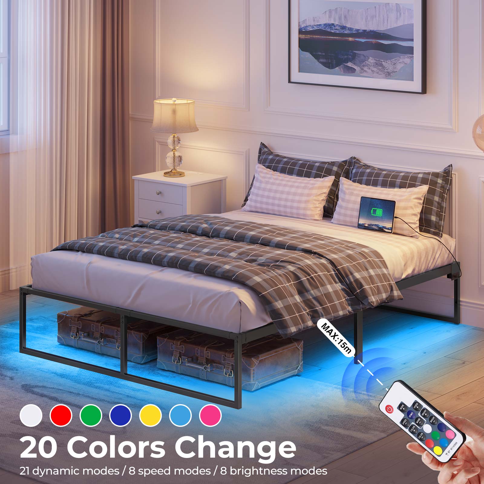 Rolanstar Bed Frame with Power Outlets& Led Lights