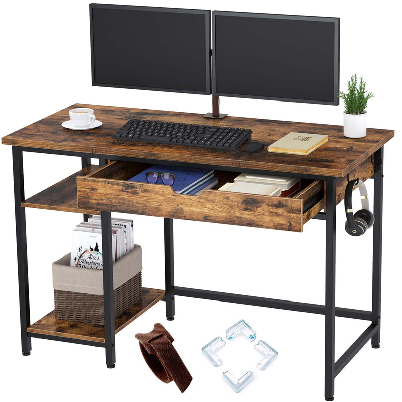 Rolanstar Computer Desk with Power Outlet, Side Storage Bag and Iron H