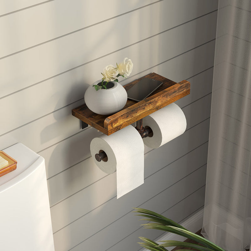 Dual-Roll Torched Wood & Black Metal Toilet Paper Holder with Shelf